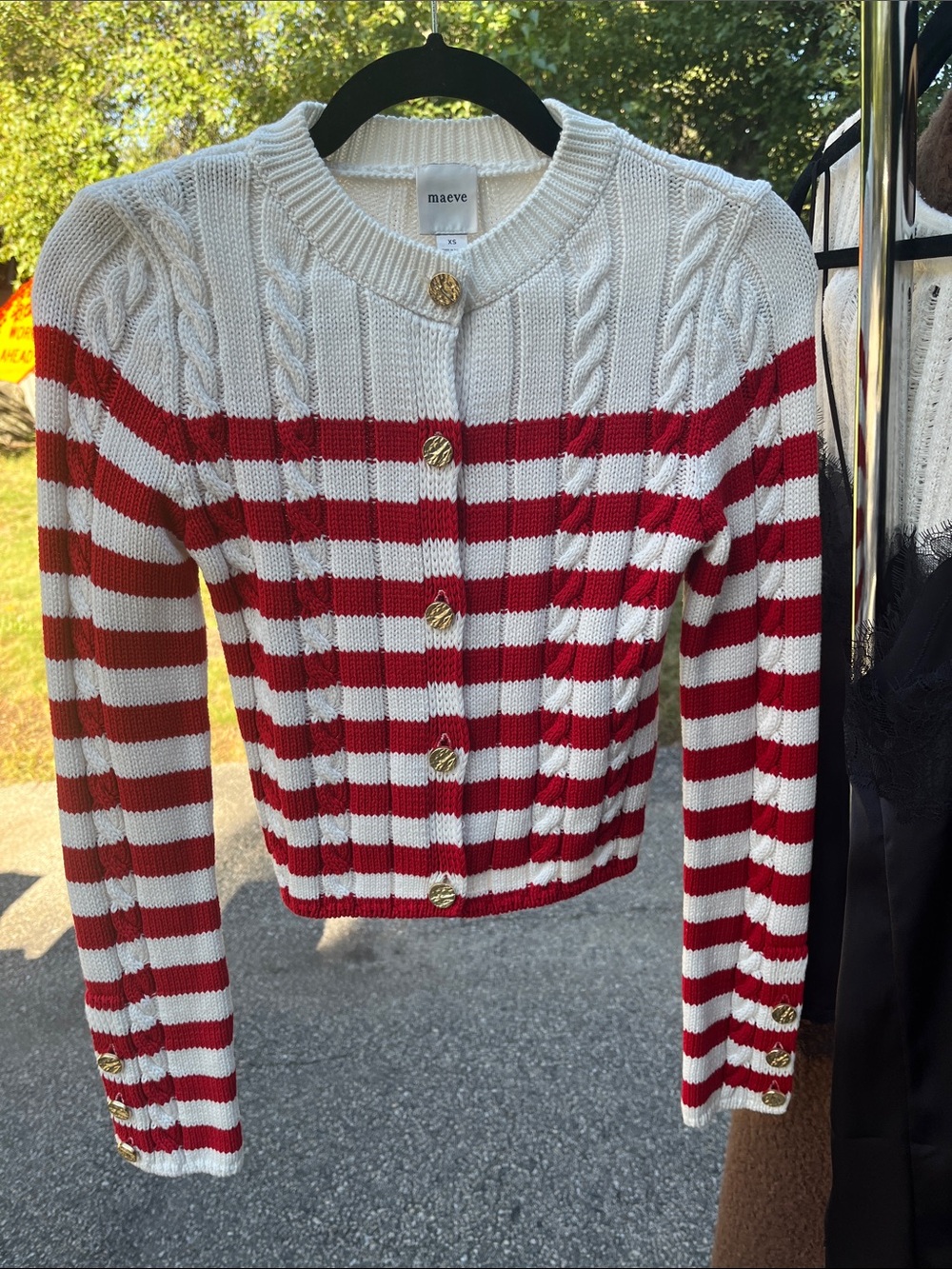 Maeve Red and White Striped Cable-Knit Button-Up Cardigan
